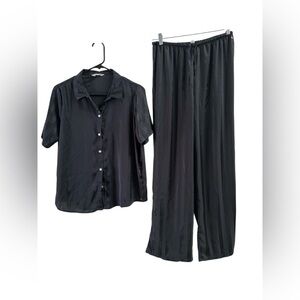 Black satin striped pajama set short sleeve pant set